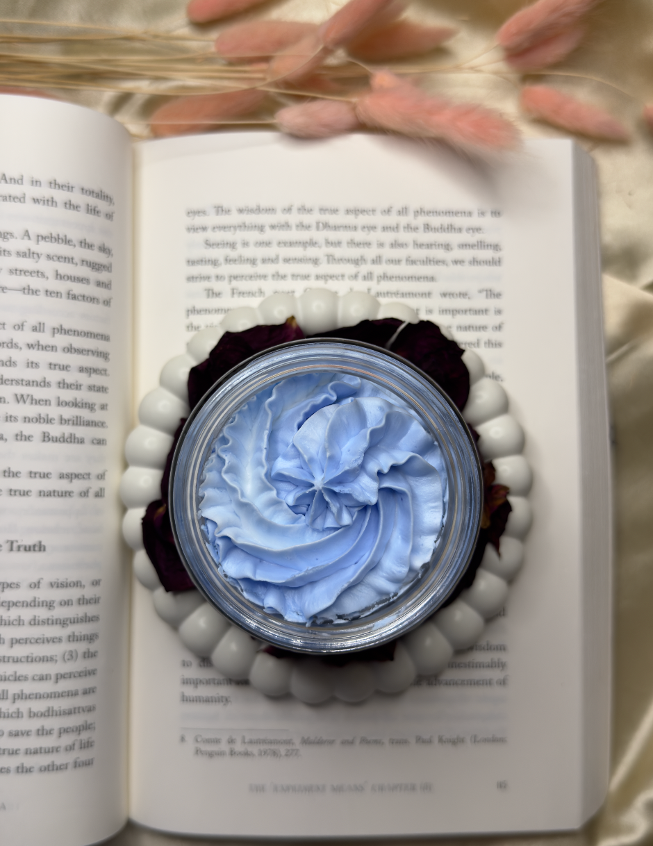 Ocean Breeze Whipped Soap in a jar with blue and white swirls