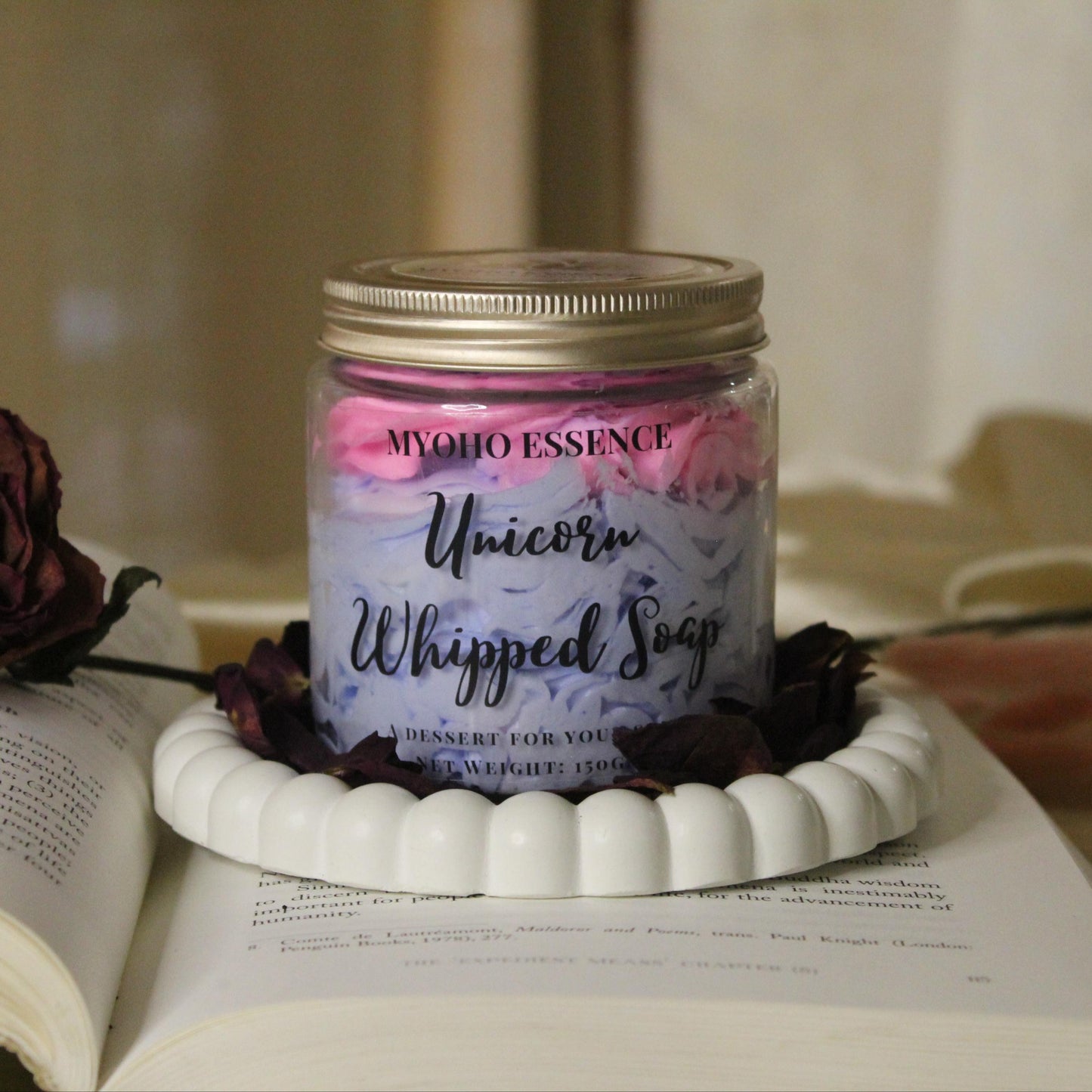 Jar of Unicorn Whipped Soap with pastel swirls