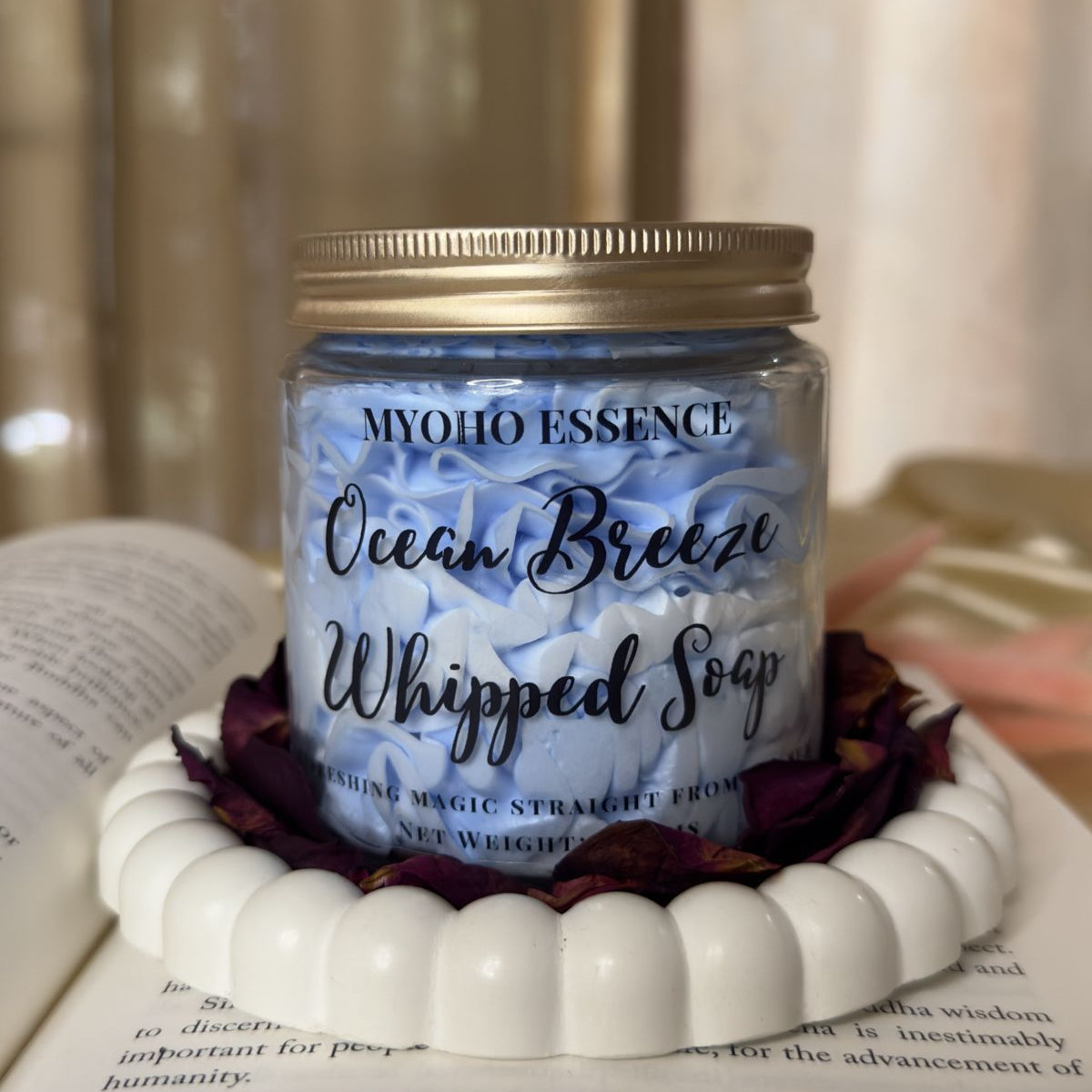 Ocean Breeze Whipped Soap in a jar with blue and white swirls